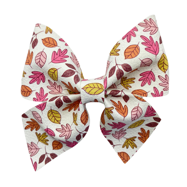 Fall Leaves Pink Vegan Leather Bow