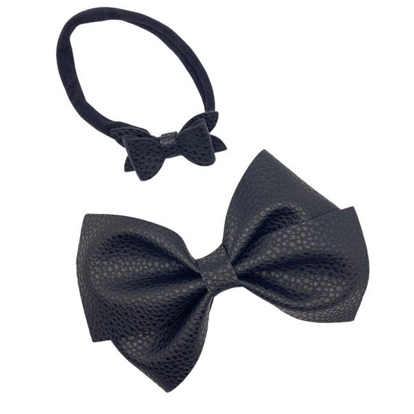 Textured Black Vegan Leather Bow