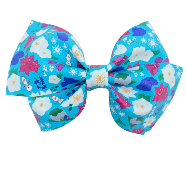 Blue Winter Flowers Vegan Leather Bow